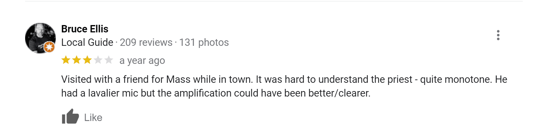 An example of a negative review with a 3-star rating attached to a place of worships' GBP