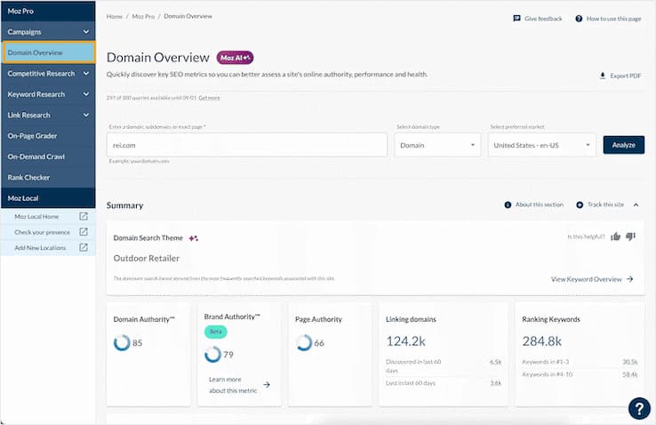 Moz pro's domain overview tool