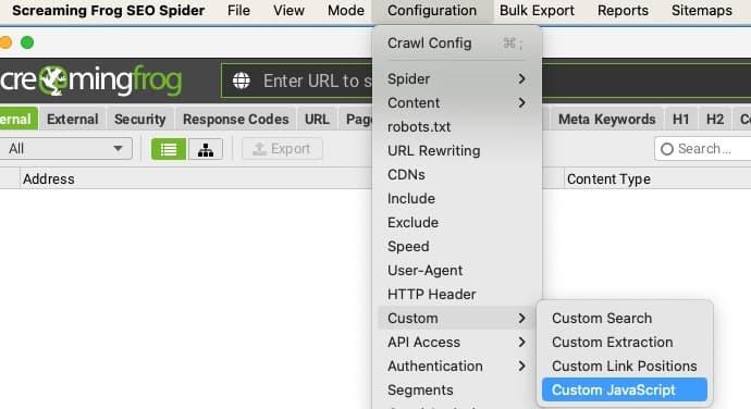 Screenshot showing the Custom JavaScript section in Screaming Frog with the Open JavaScript Snippet Editor button indicated.