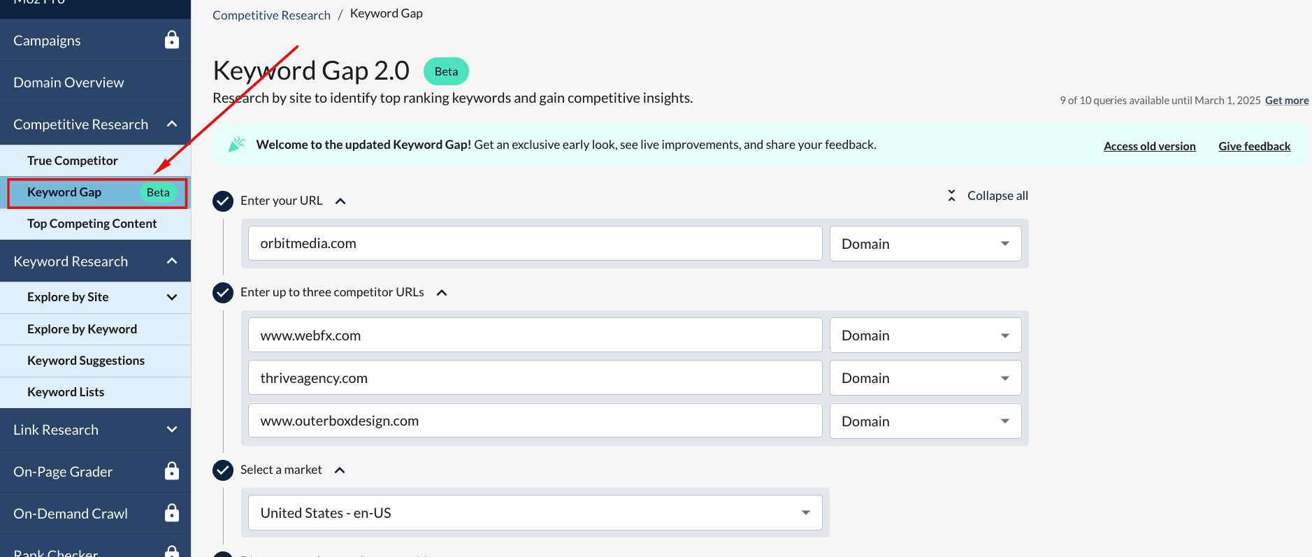 Screenshot showing how to use Keyword Gap 2.0 to find topical gaps