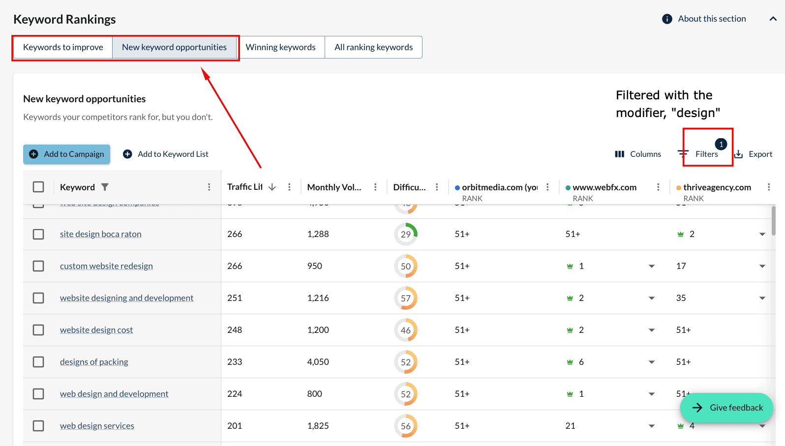 Screenshot showing keyword opportunities in Keyword Gap 2.0