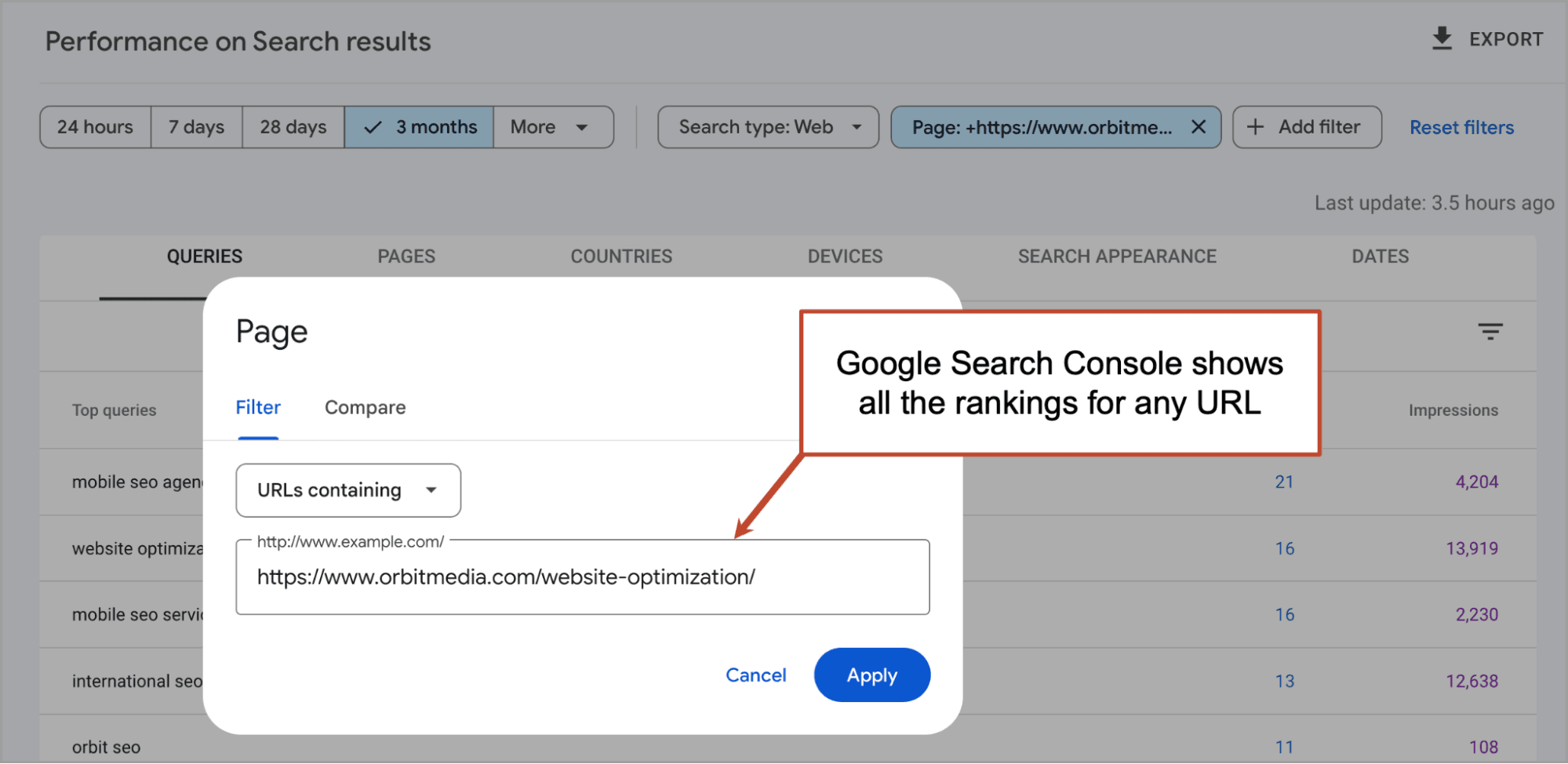 Screenshot showing how to view keyword metrics in Google Search Console
