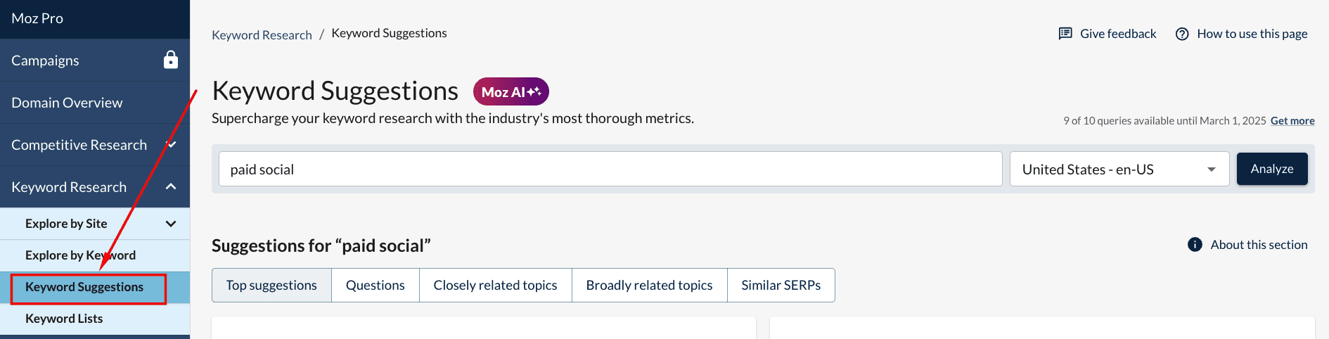 A screenshot of Moz Keyword Suggestions feature