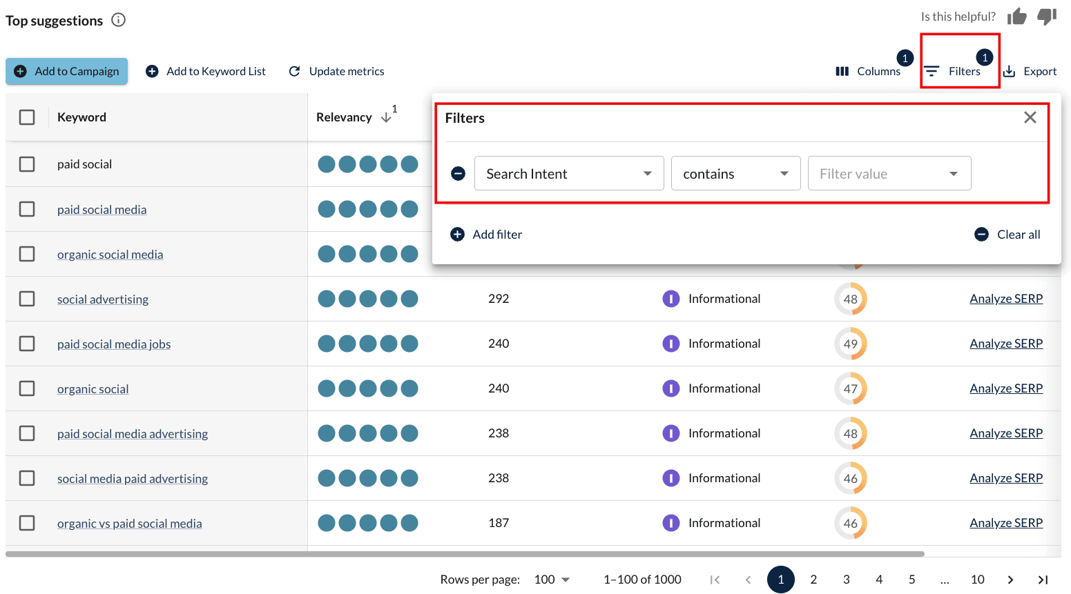 A screenshot from Moz Keyword Explorer tool showing filters for search intent