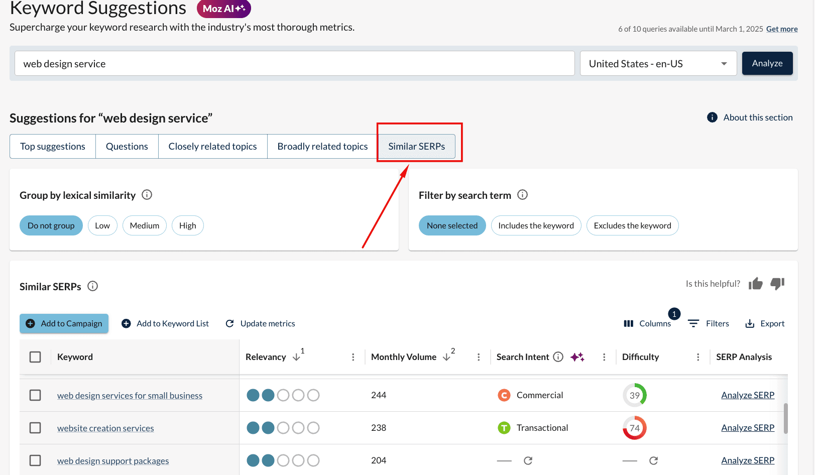 Screenshot showing how to use Moz Keyword Explorer to find Similar SERPs