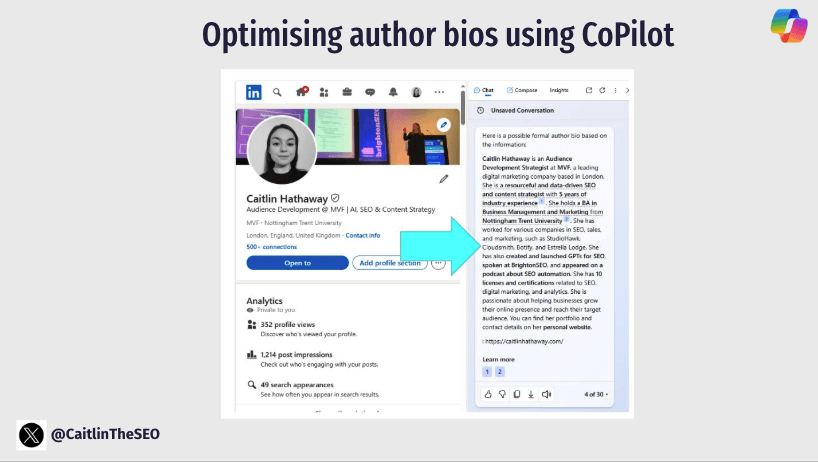 Microsoft Edge Copilot interface with the "Generate a Page Summary" feature for creating author bios from profile pages.