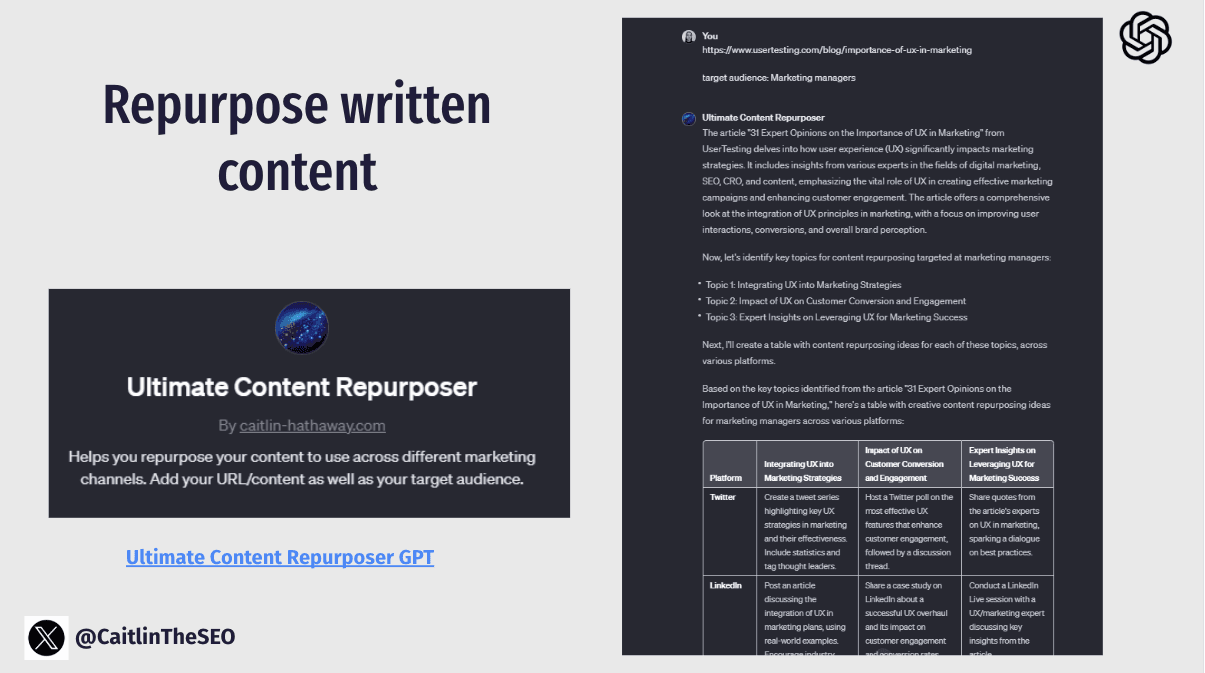 Ultimate Content Repurposer GPT interface for transforming content into different formats for various platforms.