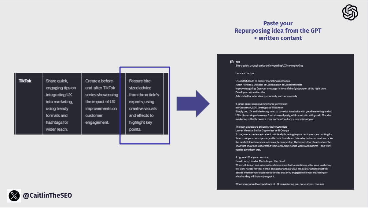 VEED's Video GPT interface showing a repurposed blog post transformed into a TikTok video script with key takeaways.