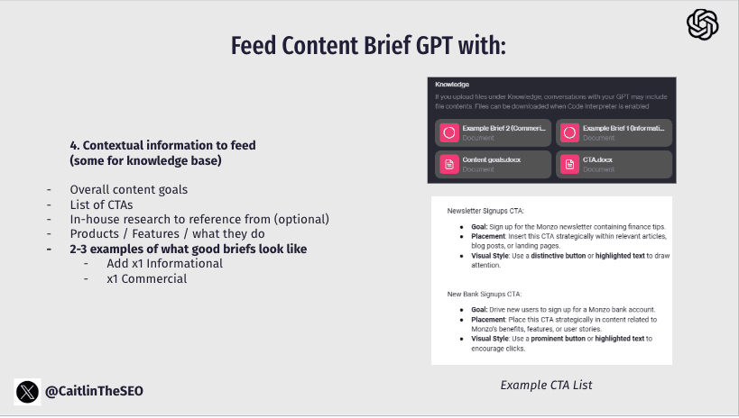 Personalized content brief GPT interface set up for creating structured content briefs with defined fields.