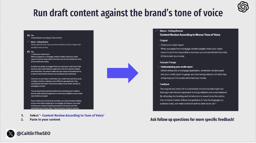 Content Review According to Tone of Voice results highlighting phrases that don't align with Monzo's brand voice guidelines.