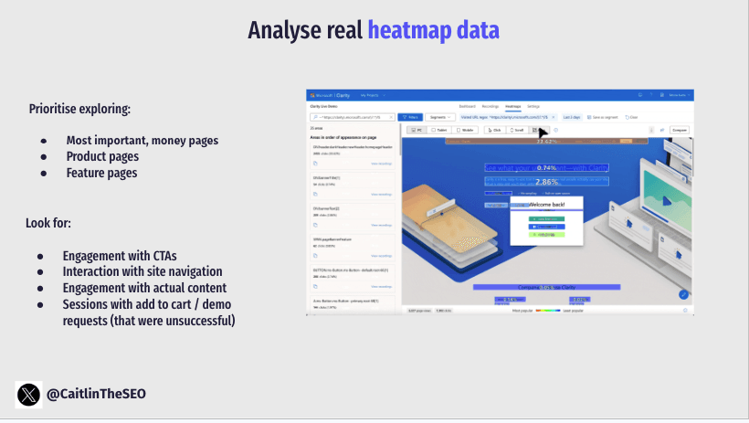 Microsoft Clarity heatmap showing user interaction with a webpage