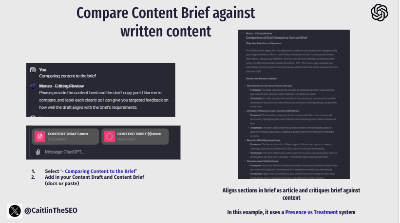 Content comparison against brief results showing where the draft missed mentioning Monzo's savings pot product