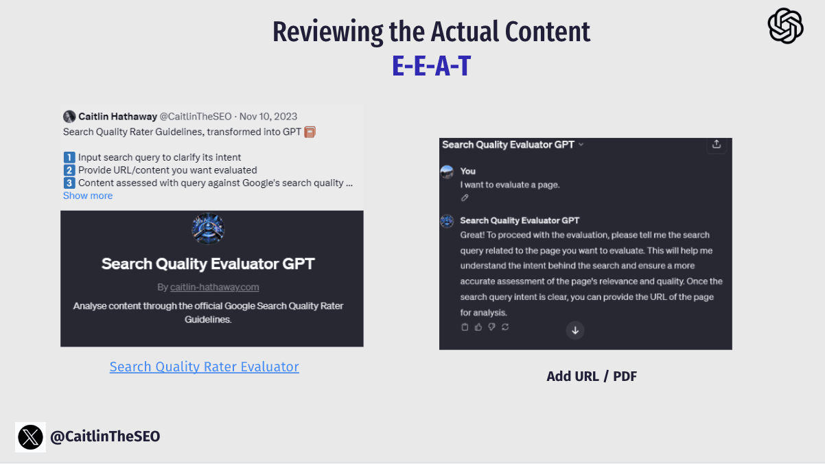 Search Quality Rater Evaluator GPT interface analyzing content against Google's E-E-A-T standards