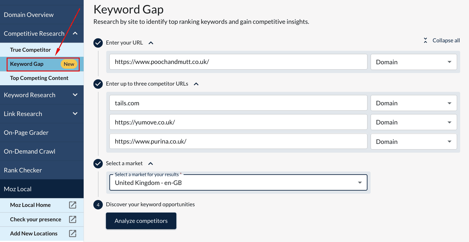 Keyword Gap feature in Moz Pro