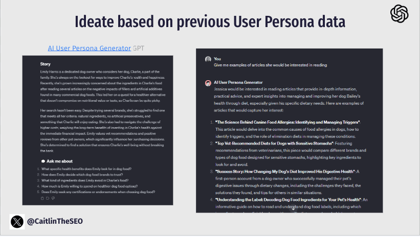 User Persona Generator interface showing audience segments for Pooch & Mutt