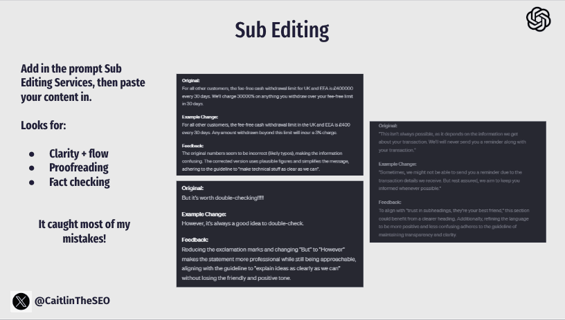 Sub-editing results from editing GPT flagging factual errors, awkward phrasing, and grammar issues in content