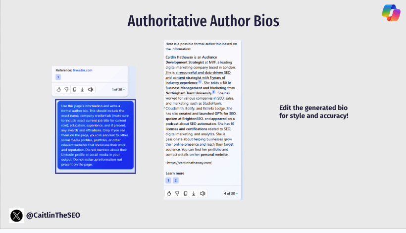 Copilot-generated author bio tailored for a specific role and platform based on profile information.