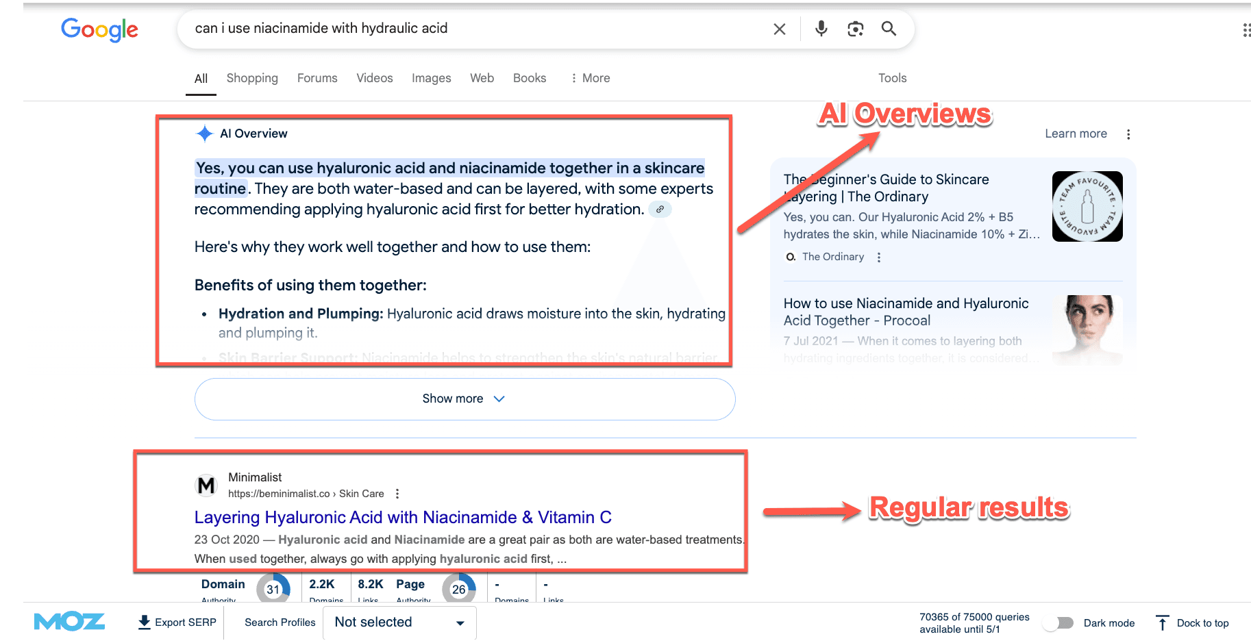 Google search result comparing AI Overview answer to regular organic results.