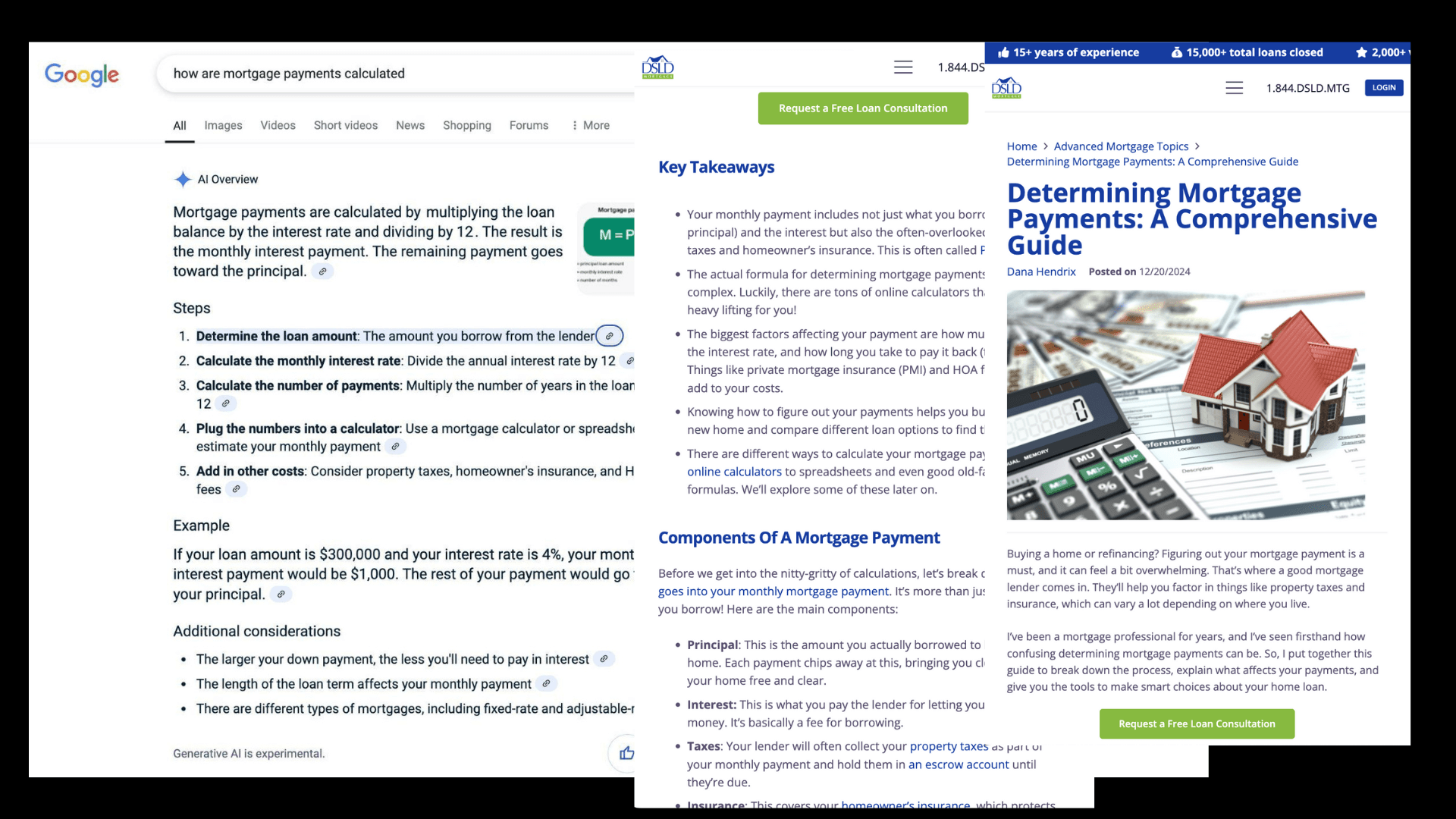 AI Overview and webpage showing optimized content for mortgage calculations.