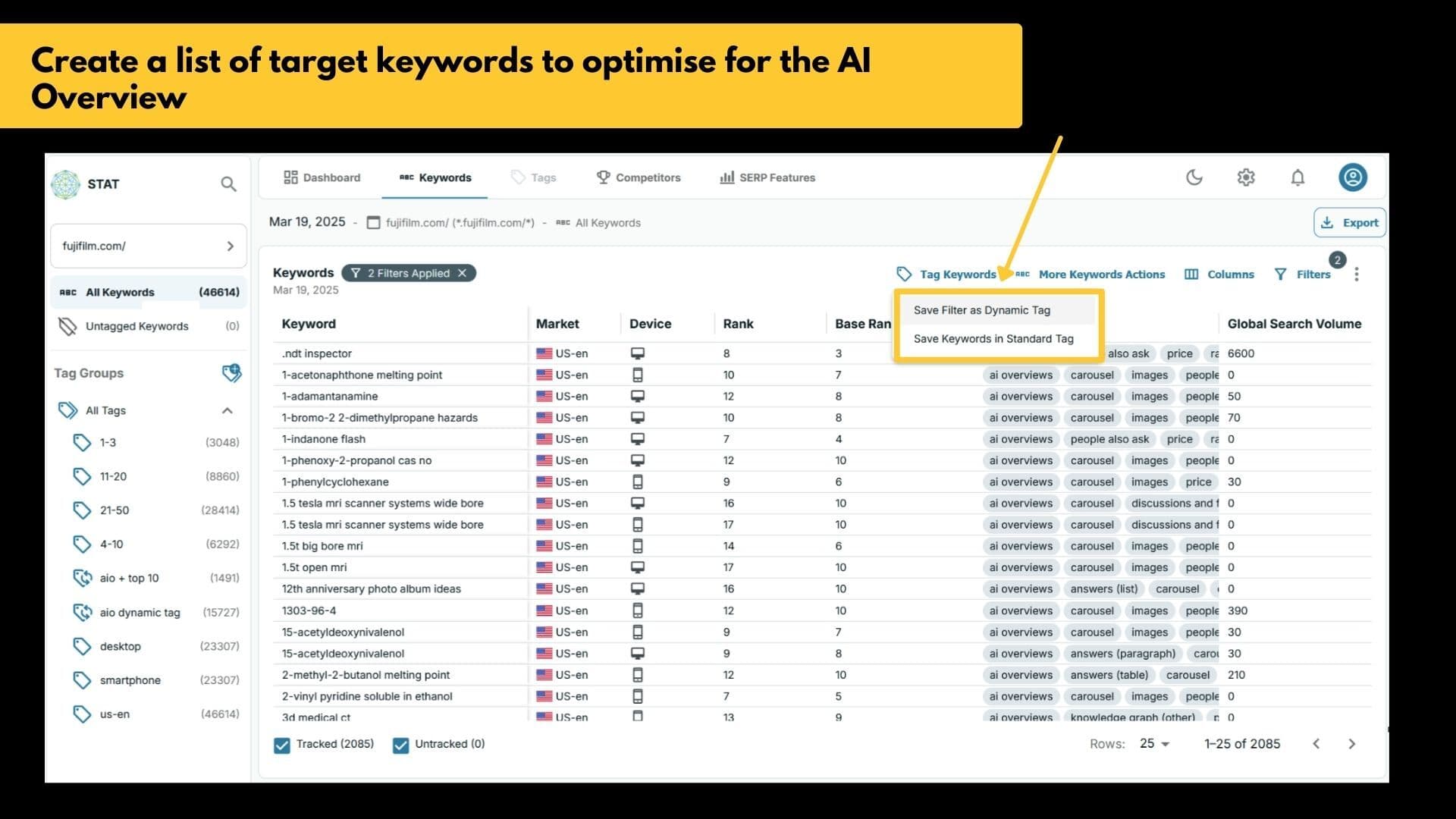 STAT keyword report highlighting the option to save filtered keywords.