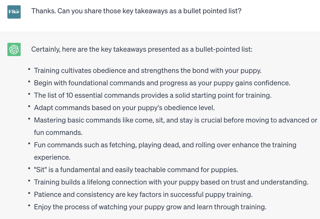 Screenshot of ChatGPT conversation. The user writes "Thanks. Can you share those key takeaways as a bullet pointed list?" ChatGPT responds with a bullet pointed list, as requested