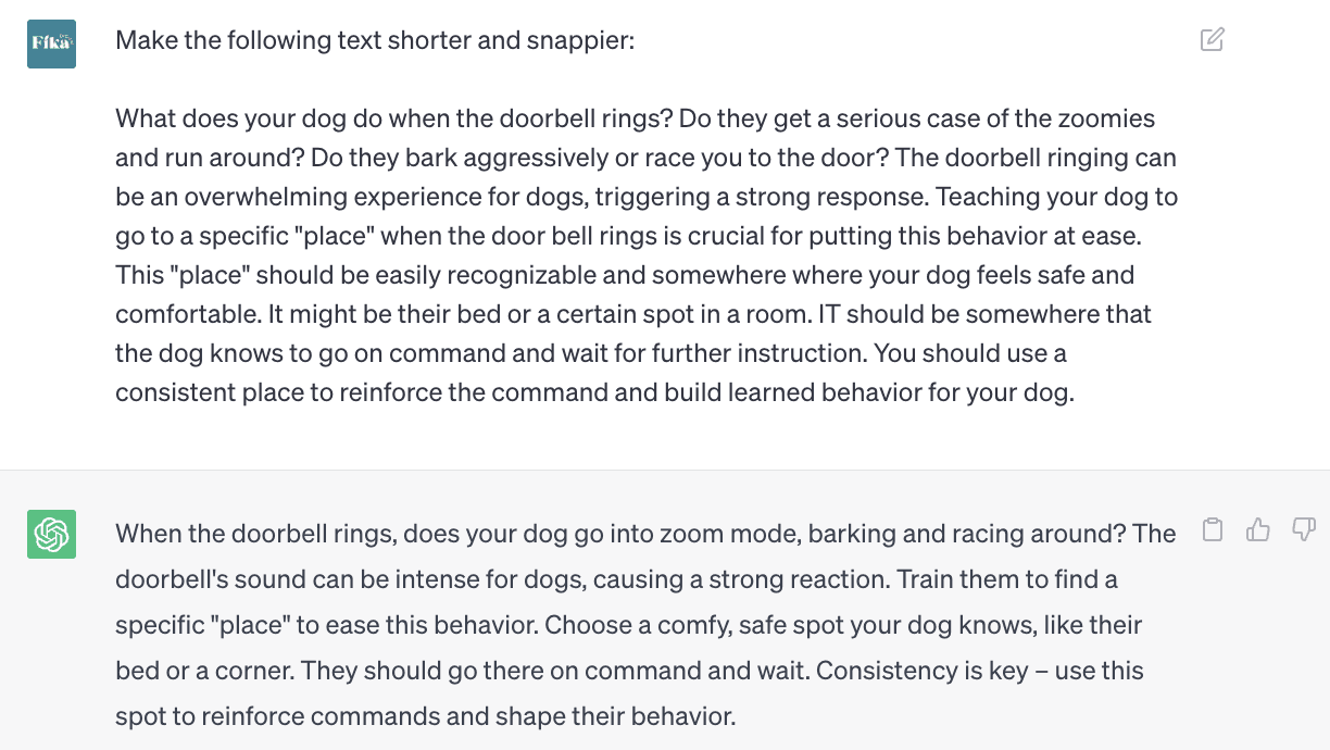 Screenshot of ChatGPT conversation. The user inputs: "Make the following text shorter and snappier" followed by a block of text about common dog responses to the doorbell ringing and the importance of teaching them the place command. ChatGPT responds with a shorter alternative that can be used instead