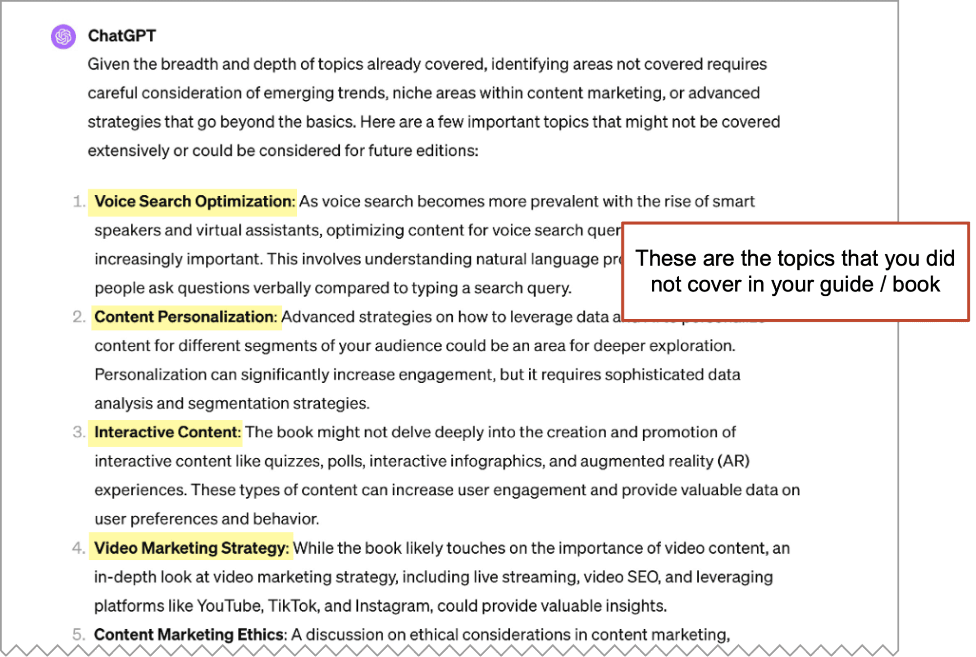 ChatGPT's answer to the question "what are the most important topics in my industry that are not covered in this guide?"