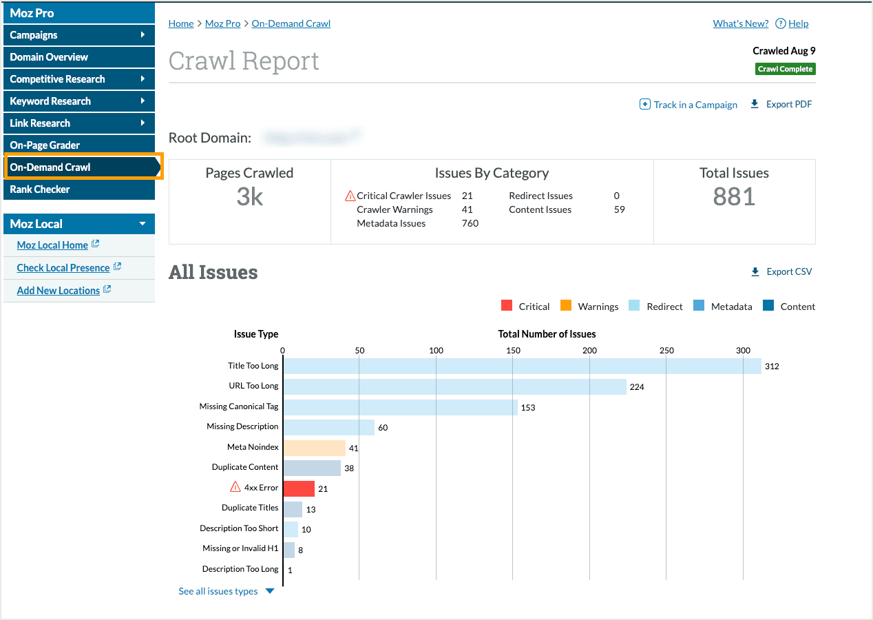 Screenshot of an on-demand crawl report