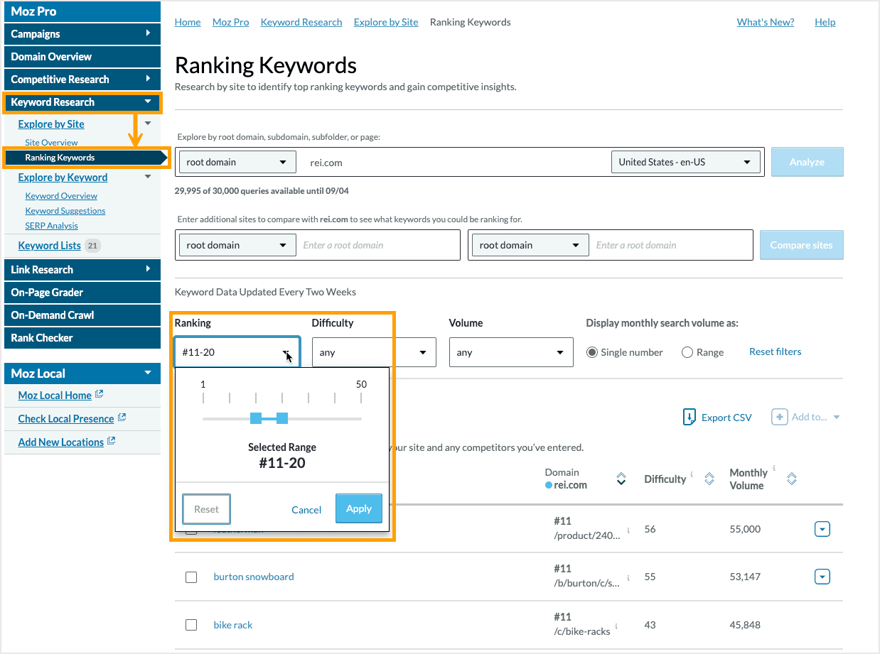 Screenshot of Ranking Keywords in Keyword Explorer with the filter box expanded