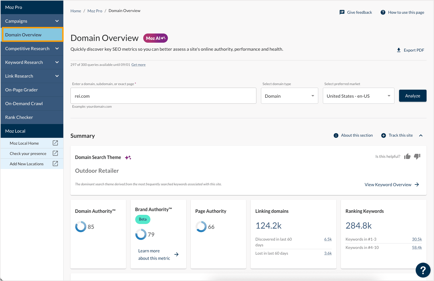 Screenshot of the Domain Overview tool