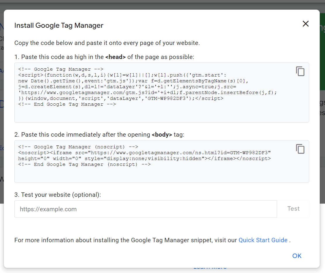 Container code example for Google Tag Manager.