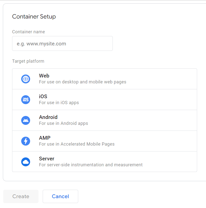 Container setup menu in Google Tag Manager.