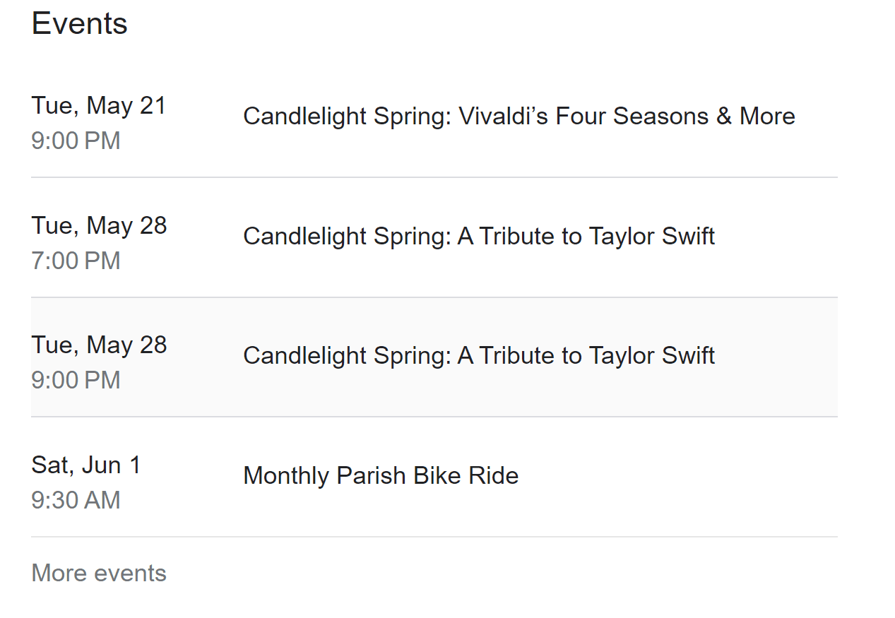 Example of a business using the Updates section to add a series of events to their GBP.