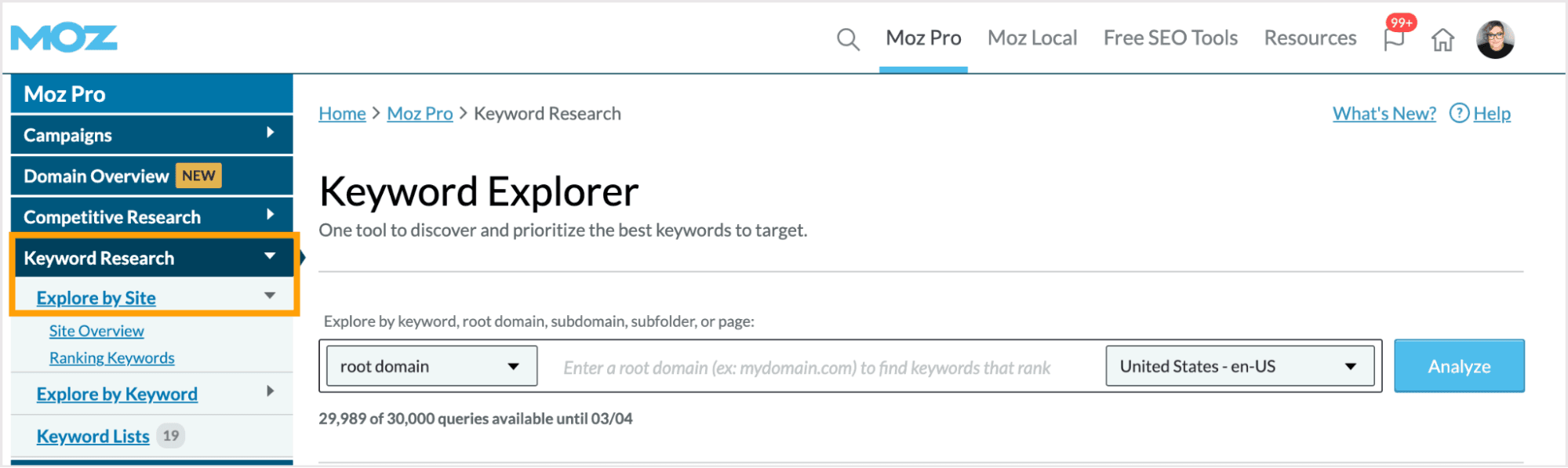 Explore by Site section of Keyword Explorer.