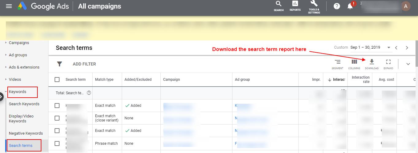 Screenshot of a Google Ads dashboard with red boxes around the Keywords tab, search terms tab, and an arrow pointing to the download button.