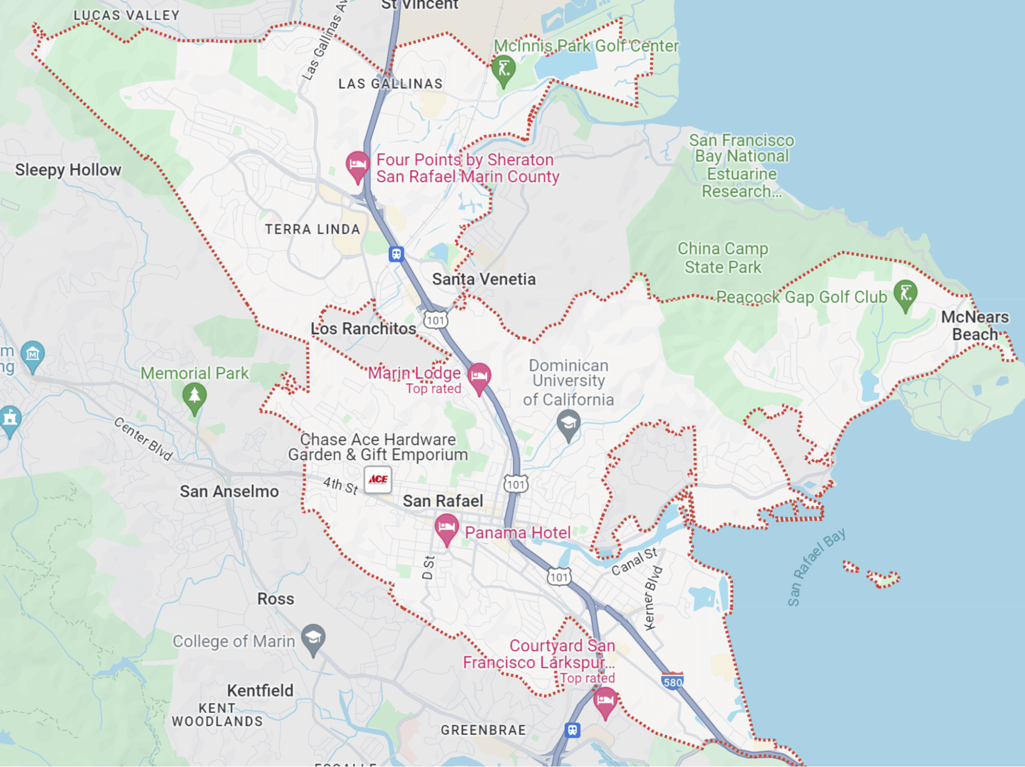 Image of Google Maps' outline of city border