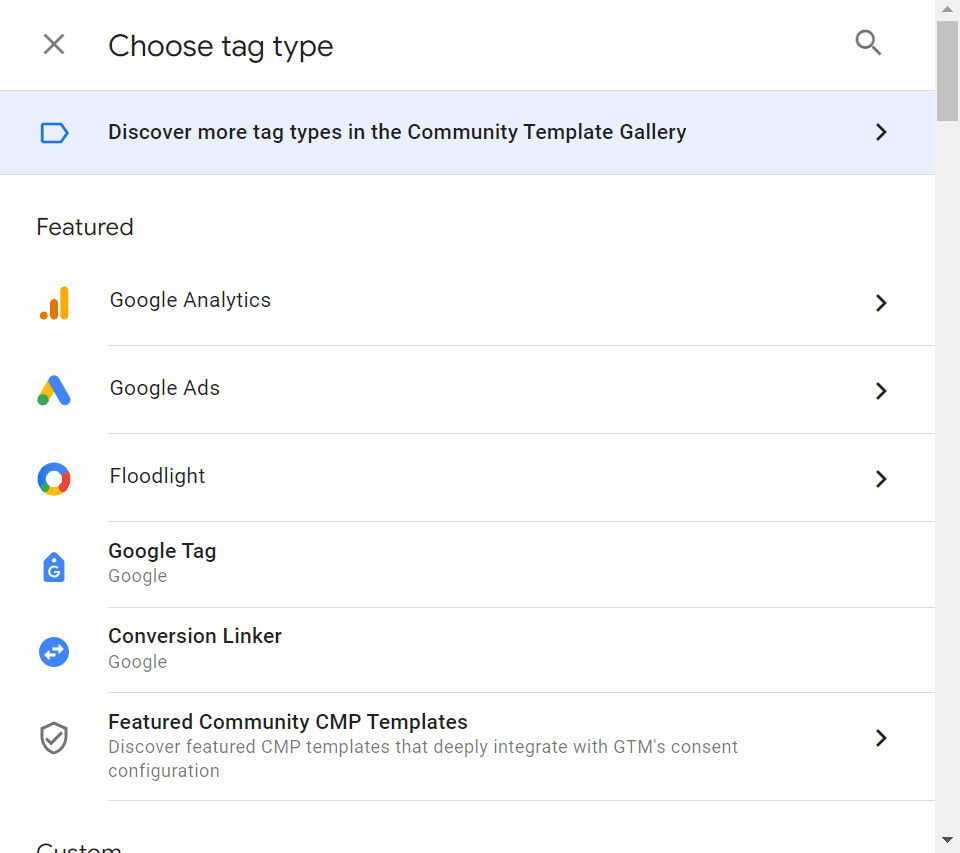 List of tag types in Google Tag Manager.