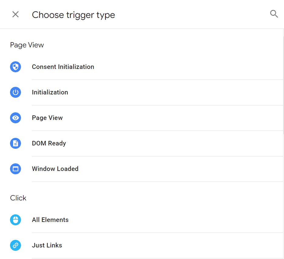 List of trigger types in Google Tag Manager.