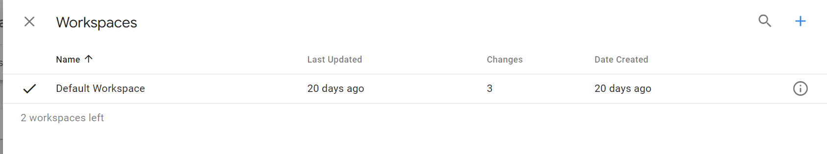 List of workspaces in Google Tag Manager.