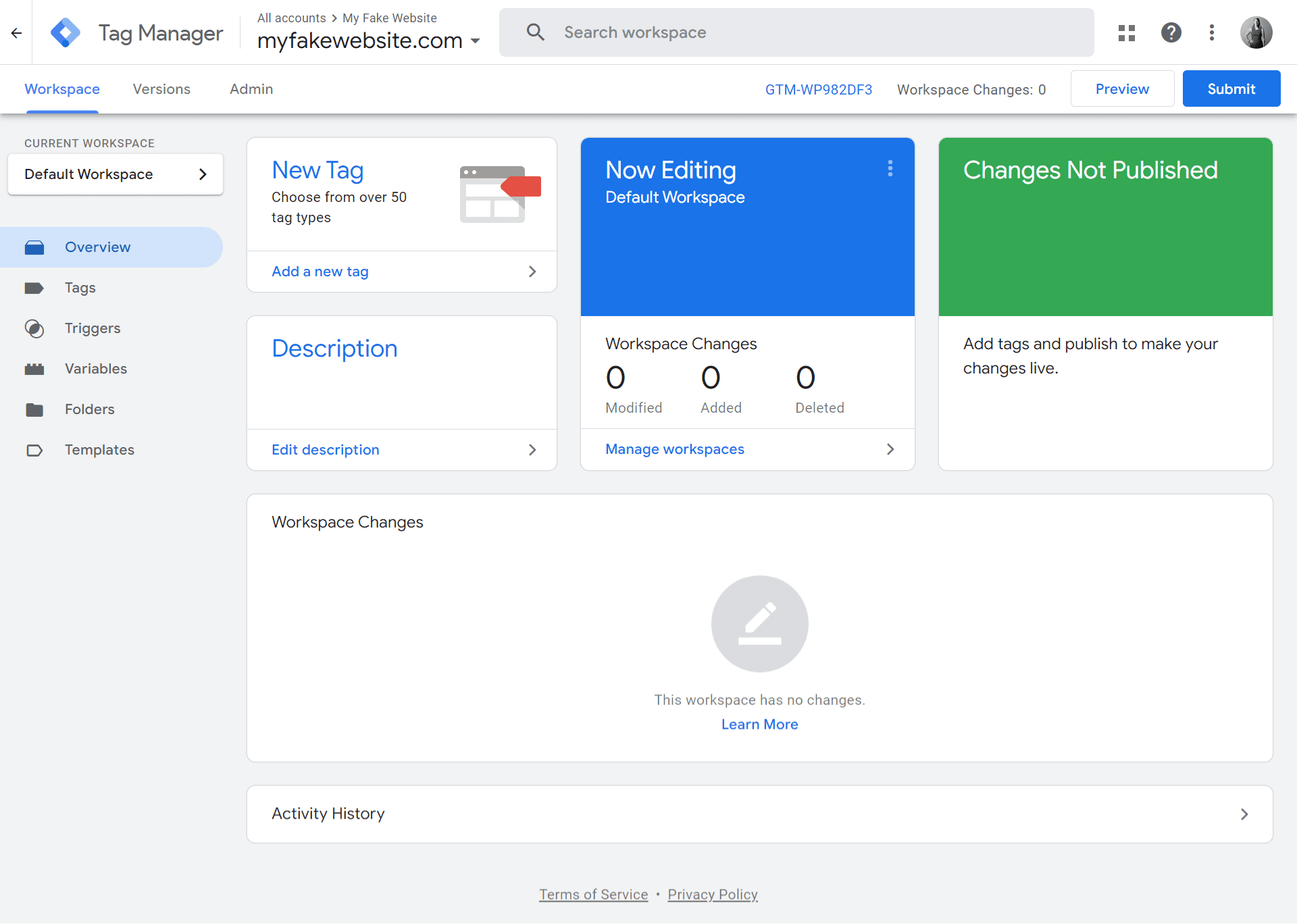 Main menu of Google Tag Manager.