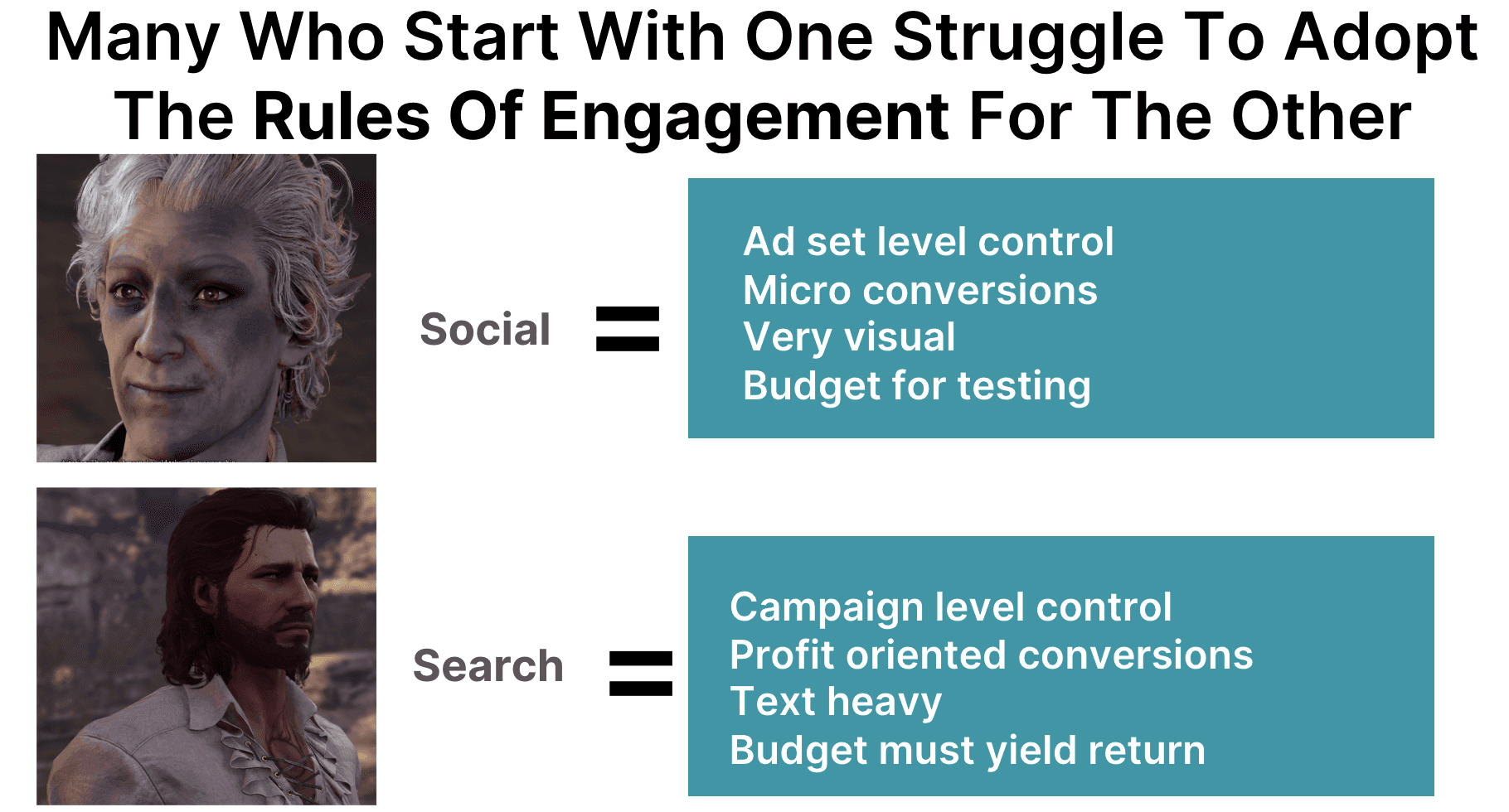 Many who start with one struggle to adopt the rules of engagement for the other, referring to social and search.