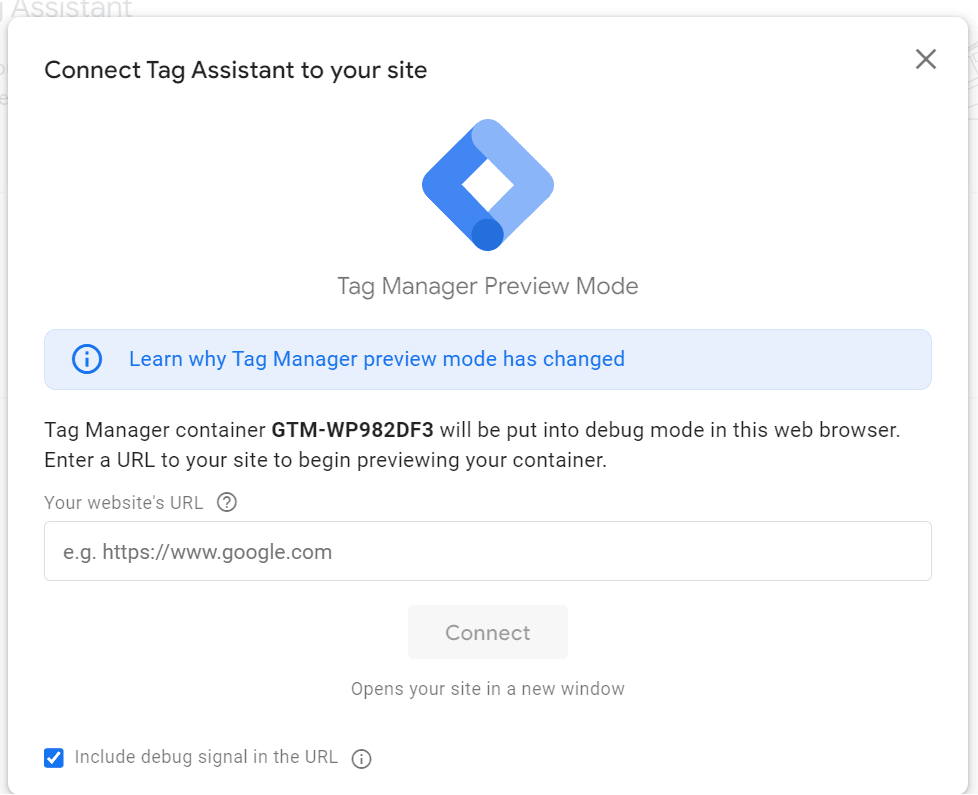 Menu to connect Google Tag Assistant to a site.