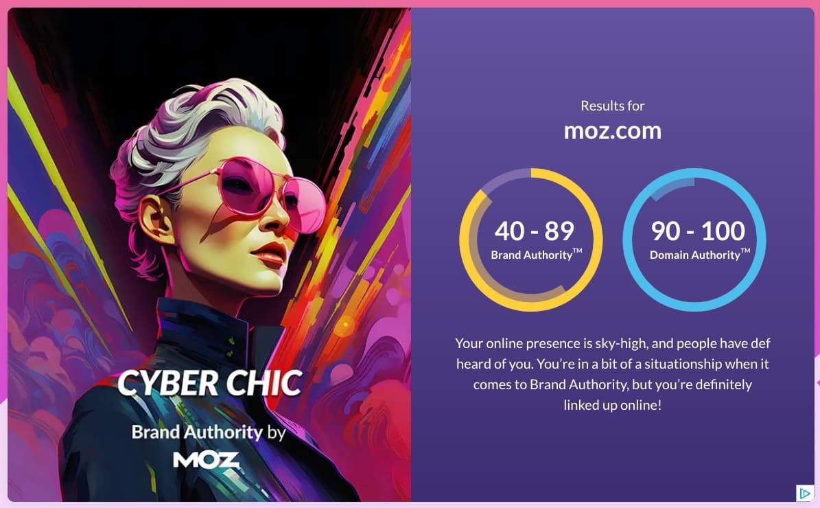 An example of the quiz result from the Moz Brand Authority Archetype quiz showing the Cyber Chic archetype.