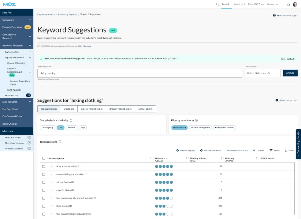 Moz Keyword Suggestions tool
