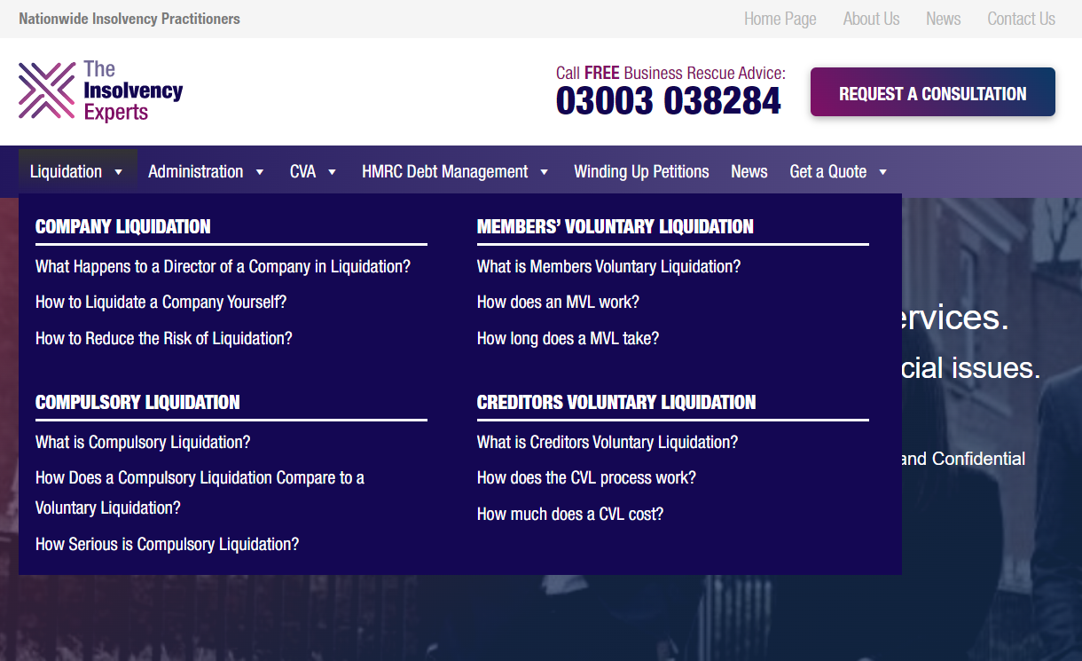 Screenshot sharing newer version of liquidation hub menu from Kinsta staging site