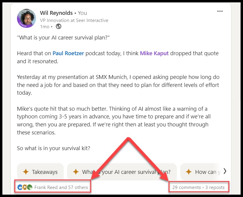 Initial post of LinkedIn about AI career survival
