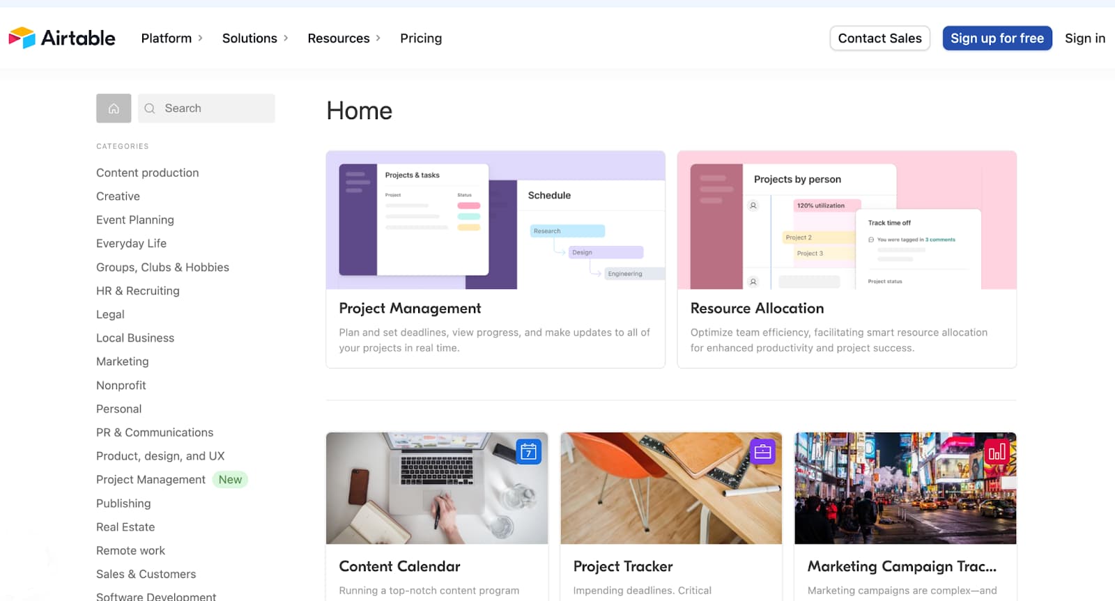 Screenshot of Airtable’s templates for various categories.