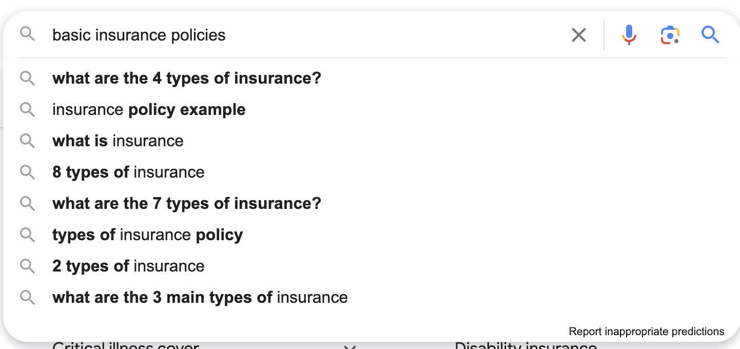 Screenshot of Google search recommendation for basic insurance policies.