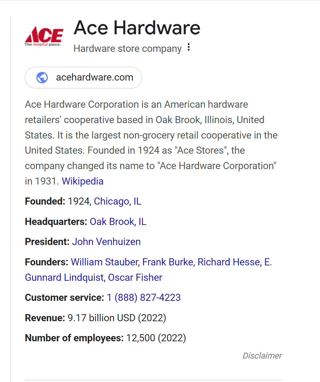Screenshot of information relating to Ace Hardware, including the company's background and history