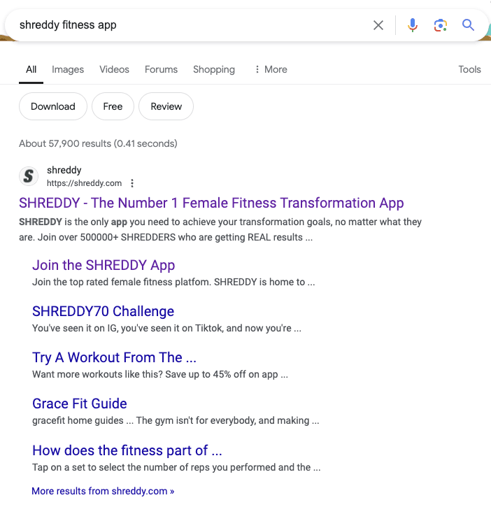 Screenshot of top Google search result for 'shreddy fitness app' with detailed site links